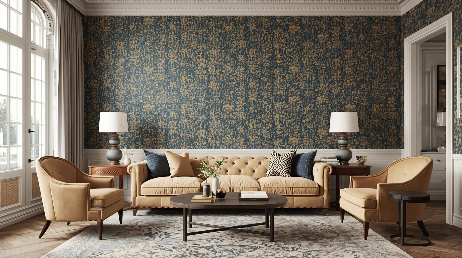 Desenli duvar kağıdı salon